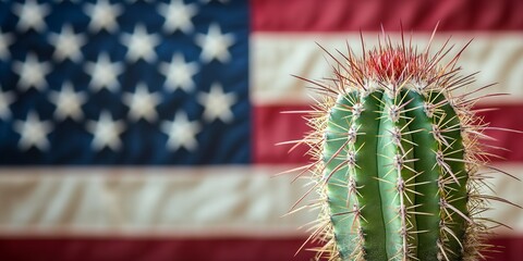 Poster - A cactus plant in front of an American flag. Suitable for patriotic themes