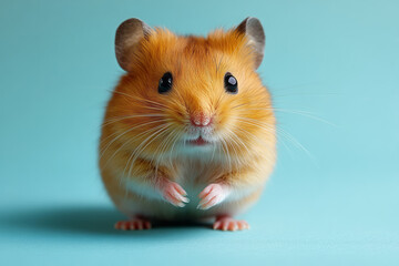 Poster - A hamster running on a wheel inside a cage, isolated on a pastel blue background,