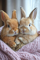 Poster - A pair of rabbits snuggling in a cozy bed with hay and soft blankets, isolated on a pastel lavender background,