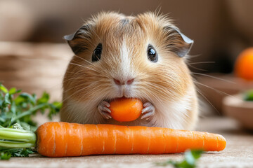 Poster - A guinea pig nibbling on a fresh carrot, isolated on a pastel beige background,