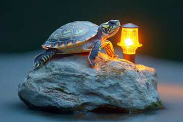 Aufkleber - A turtle basking under a heat lamp on a small rock island, isolated on a pastel gray background,