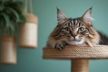 Poster - A cat tree with a fluffy cat lounging on the top platform, isolated on a pastel green background,