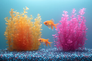 Poster - A fish tank with colorful gravel and aquatic plants, and a couple of small fish swimming, isolated on a pastel blue background,