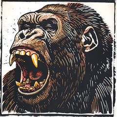 Gorilla full aggressive expression black and white illustration