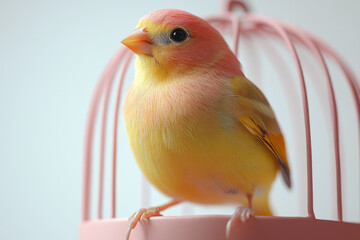 Poster - A birdcage with a small canary perched inside, isolated on a pastel orange background,