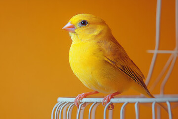 Poster - A birdcage with a small canary perched inside, isolated on a pastel orange background,