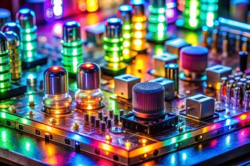 a photo image of electronic components assembled into a retro-futuristic device emitting vibrant pulsing lights