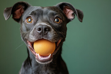 Poster - A dog with a ball in its mouth, ready to play fetch, isolated on a pastel green background,