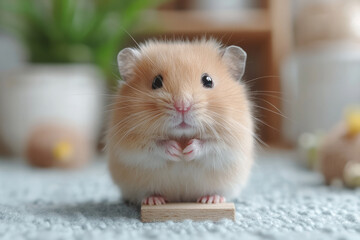 Poster - A hamster climbing a small wooden ladder inside its cage, isolated on a pastel blue background,