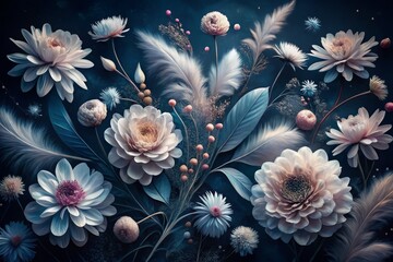 Ethereal floral design showcasing isolated light flowers with feathery textures and delicate centers, set against a mysterious dark blue expanse.