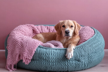 Poster - A dog bed with a squeaky toy and a blanket neatly placed inside, isolated on a pastel pink background,