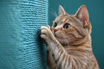 Poster - A cat scratching post with a cat actively sharpening its claws, isolated on a pastel green background,