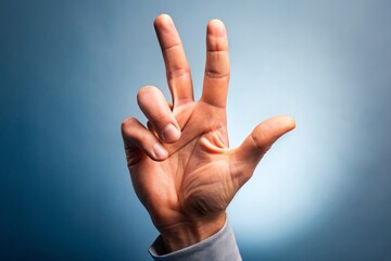 a photograph shows a hand held high with three fingers elevated, the thumb, index, and pinky finger,