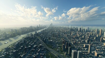 Poster - A panoramic view of a 3D visualization of a cityscape, with detailed buildings and streets, illustrating urban planning and digital rendering.
