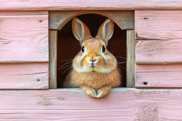 Poster - A rabbit hutch with a rabbit peeking out of the doorway, isolated on a pastel lavender background,