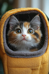 Poster - A small pet carrier with a cat peeking out from inside, isolated on a pastel beige background,