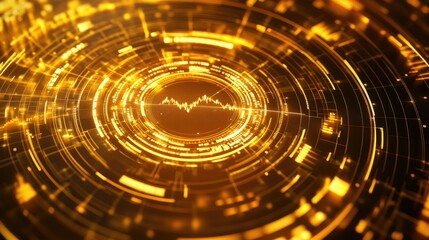Poster - A top-down view of a 3D gold radar chart with multiple golden axes, illustrating financial metrics and performance indicators in an elegant, three-dimensional format.