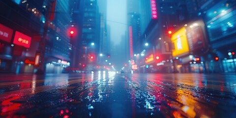 Wall Mural - A vibrant and neon-lit city street with reflections on the wet pavement, surrounded by tall buildings and various illuminated signs on a rainy night