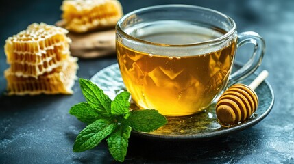 Wall Mural - A warm cup of herbal tea with a drizzle of honey on the surface, surrounded by honeycomb and a sprig of fresh mint, creating a cozy and inviting scene.