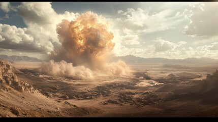 A wide-angle view of a military explosion with a large shockwave and smoke cloud, set against a rugged landscape, illustrating the scale and power of the blast.