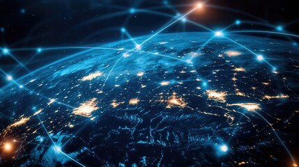 Poster - Concept of global technology connections with a web interface displaying interconnected networks and digital contact points. Visualization of international data links. -