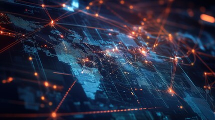 Poster - Concept of global technology connections with a web interface displaying interconnected networks and digital contact points. Visualization of international data links. -