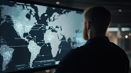 Poster - Corporate manager using a virtual screen to view a global logistics network map. The interface highlights air cargo, trucking routes, and rail transportation.