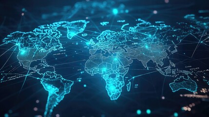 Poster - Digital interface illustrating global contacts and web technology connections. Nodes and connections across a world map highlight technological networking