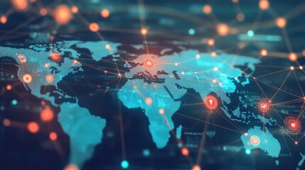 Poster - Digital interface illustrating global contacts and web technology connections. Nodes and connections across a world map highlight technological networking