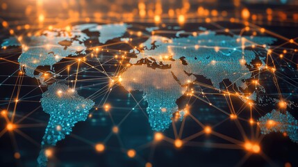 Poster - Digital interface illustrating global contacts and web technology connections. Nodes and connections across a world map highlight technological networking