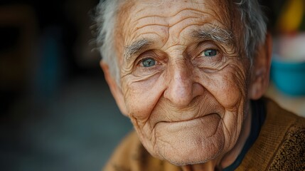 Wall Mural - 18. An elderly person demonstrating nostalgia with a wistful smile and distant eyes