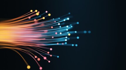 Poster - Luminous Data Stream: A vibrant burst of fiber optic cables against a dark background, symbolizing high-speed data transmission and technological advancement. 