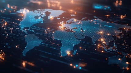 Poster - Global network connections web technology concept with interactive interface. Display of interconnected data nodes and digital contact points across a world map.