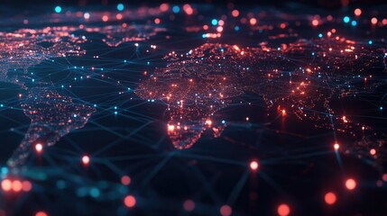 Poster - Interface showing global technology connections with a web of interconnected nodes and data. Visualization of worldwide digital contact networks and web technology.
