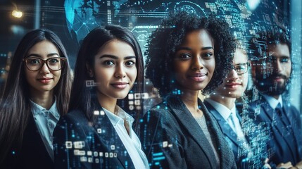 Poster - Multicultural business team with digital tech elements and data visualizations around them. Wide-angle visual ideal for promoting international
