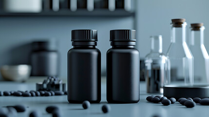 Two black pill bottles with lids sit on a table with scattered black pills in front of them.