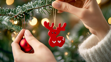 Female hand decorates Christmas tree with cute eco friendly red wooden deer ornament. Zero waste Christmas holiday concept.