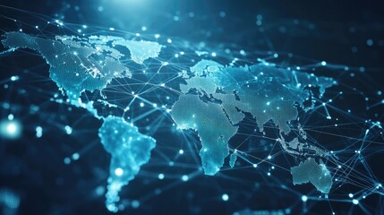 Poster - Web technology connections concept with a global map and interconnected network nodes. Digital interface showcasing global contacts and technological data integration.