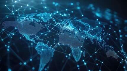 Poster - Web technology connections concept with a global map and interconnected network nodes. Digital interface showcasing global contacts and technological data integration.