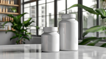 Wall Mural - Two white pill bottles sit on a marble table, showcasing a clean and modern aesthetic.