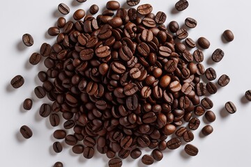 Wall Mural - Overhead View of Brown Coffee Beans on a White Background