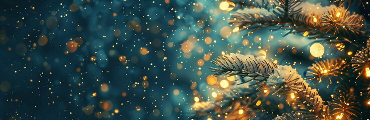 Wall Mural - Christmas tree decorated with golden ball and snowflake with a bokeh lights background, 3d rendering blur background and fir tree for Christmas and New Year party or decoration idea.