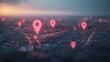 © elimicel - city ​​with abstractly connected location pins, navigation concept with focus on connectivity and location tracking