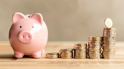 Poster - Pink Piggy Bank and Stacked Coins on Wooden Surface