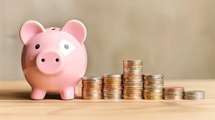 Poster - Pink Piggy Bank and Stacked Coins on Wooden Surface