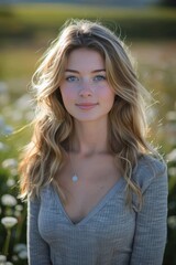 Wall Mural - A young woman with wavy blond hair and blue eyes, wearing a gray V-neck top and a necklace, standing in a sunlit field with tall grass and wildflowers