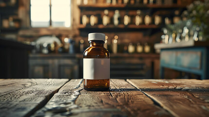 Wall Mural - A dark glass bottle with a blank label sits on a wooden table in a dimly lit room. It appears to be a potion or remedy.