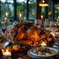 A beautifully arranged festive dinner table featuring a roasted turkey, candles, and seasonal decor for a warm ambiance.