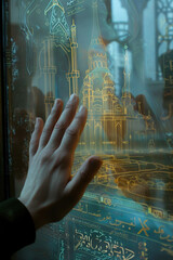 A hand makes contact with a luminous architectural illustration, reflecting historical artistry in a softly lit environment