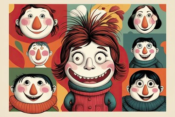 Wall Mural - Quirky Character Illustration Featuring Whimsical Faces and Cheerful Expressions